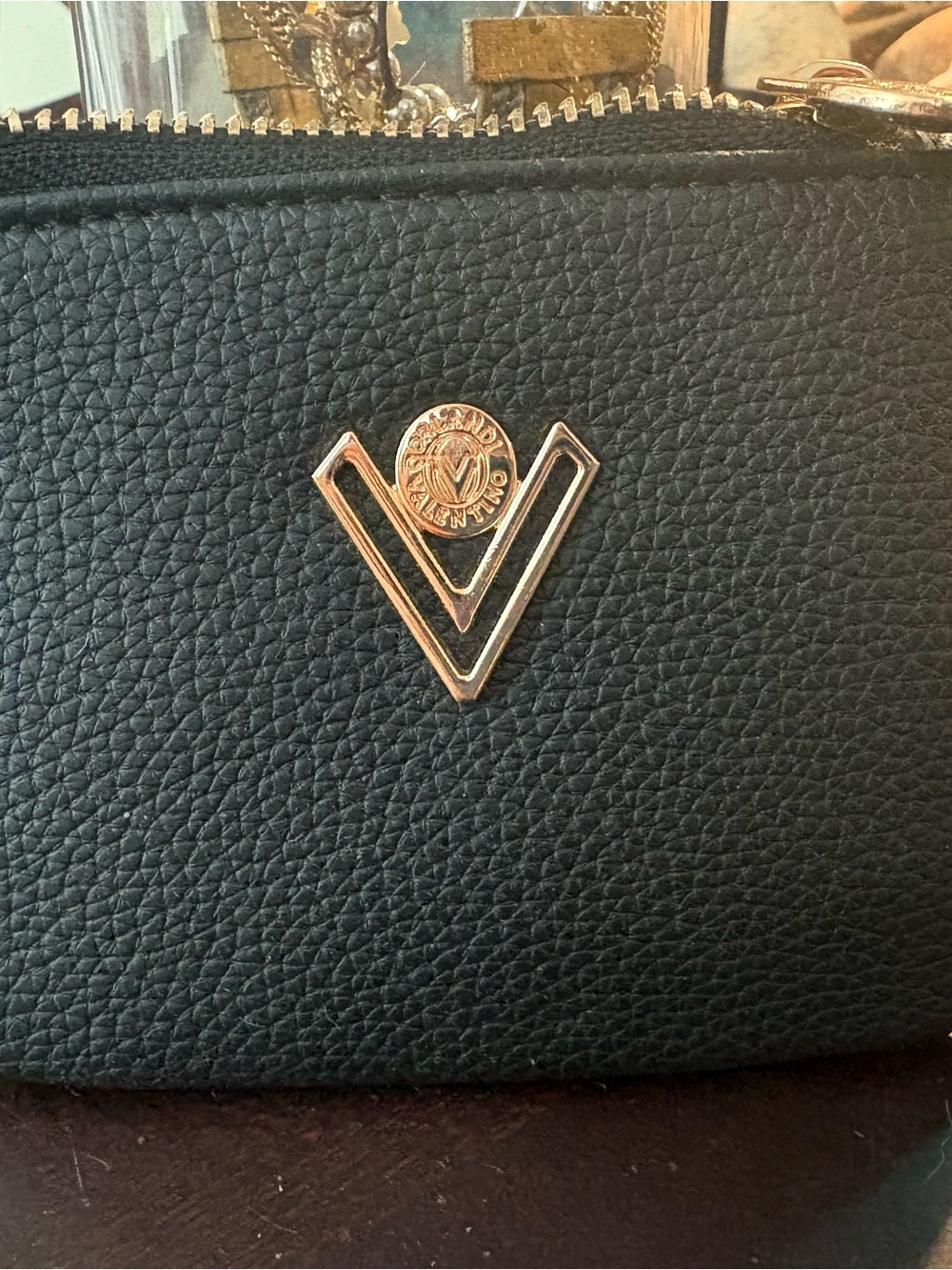 Valentino Black Pebbled Leather Coin Purse with Gold V Emblem